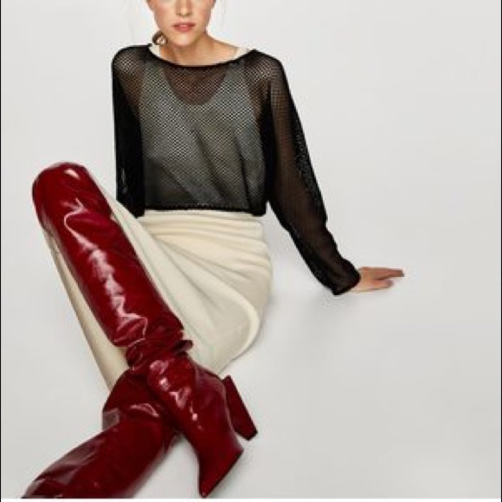 SOLD! NWT Zara Red Patent Leather Knee High Boots - Picture 1 of 8